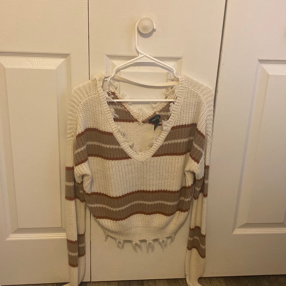 off the shoulder frayed fall sweater